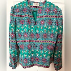 Vintage Adrianna Papell Geometric Teal Sea Blue Floral Silk Button Jacket Size 8